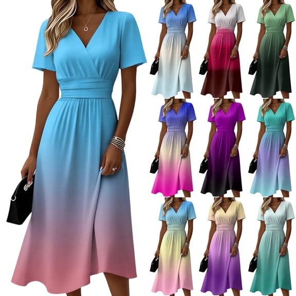 Laqbezok Ombre Gradient Midi Dress, Casual Short Sleeve Cross V-Neck A-Line Summer Dresses, Fashion High Waist Empire Waist Party Vacation Dress