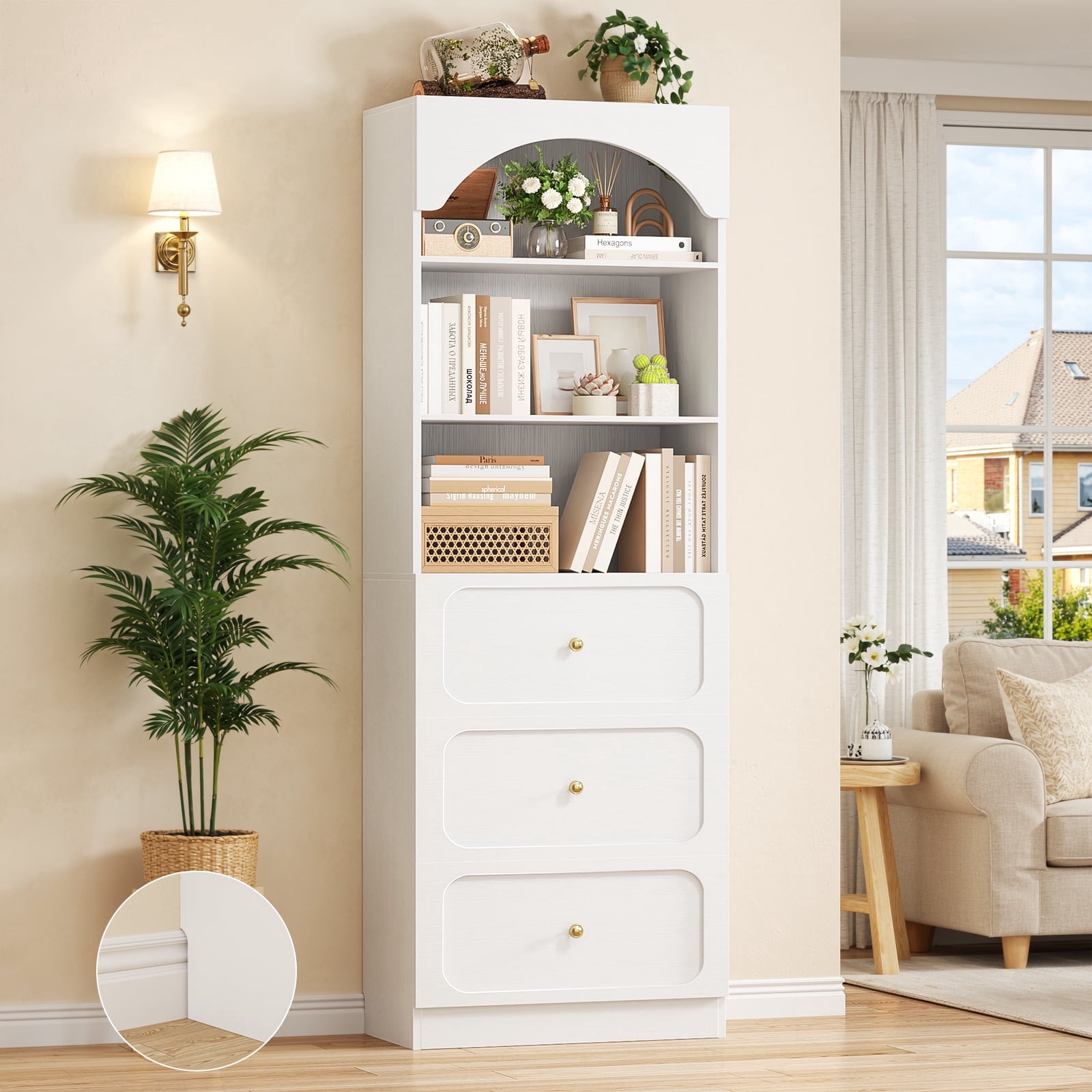 Homieasy 80" Tall Arched Bookcase with 3 Drawers & 3 Open Shelves - Wooden Storage Cabinet for Living Room, Kitchen, Office,White