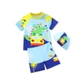 thumbnail image 3 of Rggeeun Boys Child Swimsuit Set Cute Dinosaur & Car and Coconut Tree Print Short Sleeve Crew Neck Top & Elastic Waist Wide Leg Swim Trunks for Summer Beach Surf Lightweight Swimwear,Blue,7-8 Years, 3 of 8