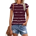 thumbnail image 2 of Womens Striped Tops with Pleats Cap Sleeve Crewneck Basic Tees Tunic T Shirts for Women Summer Casual (S, Wine), 2 of 7