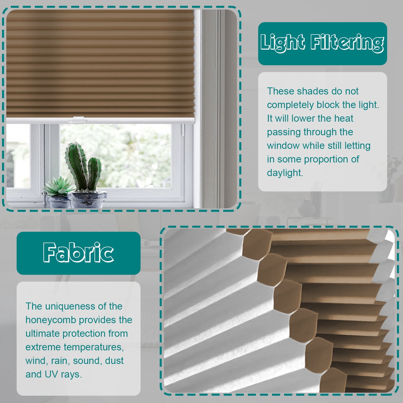 Keego Cordless Cellular Shades Window Blinds Modern Size and Color Customizable Brown Blind Light Filtering 48"w x 48"h