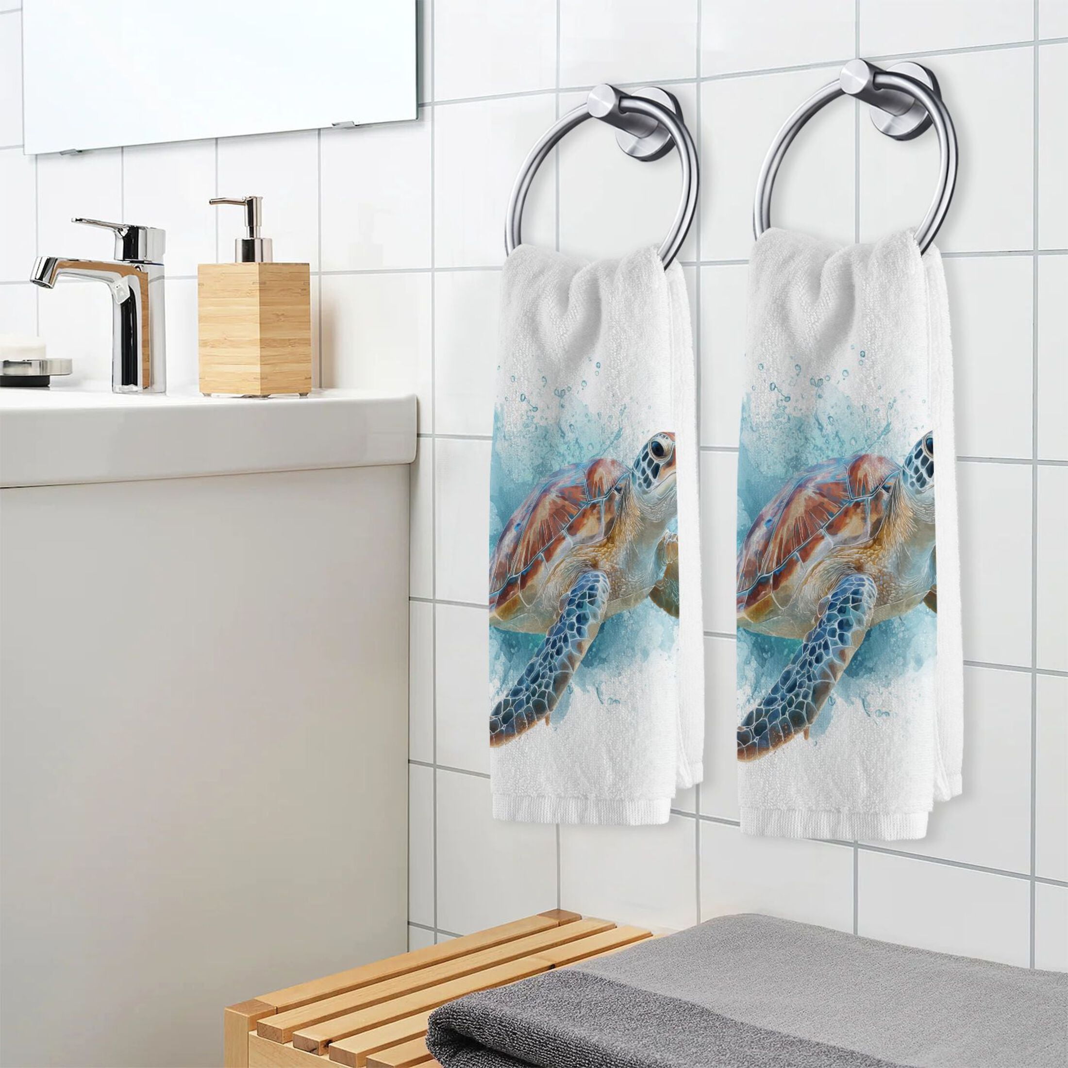 Sea Turtle Swim Watercolor Splash Style Pure Cotton Towels Bath Towel Quick Drying for Bathroom Beach Sports 16" x 30" Set of 2