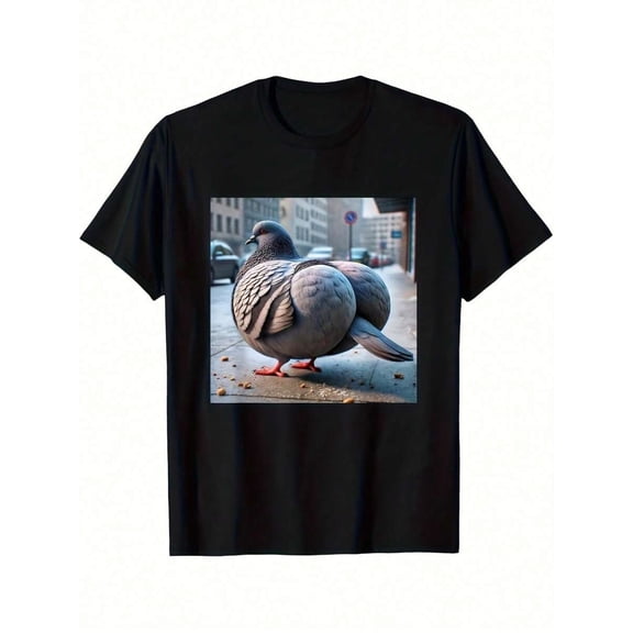 【New Arrival】Funny Chubby City Pigeon Street View Graphic T-Shirt, Humorous Animal Meme Black Casual Short Sleeve Tee