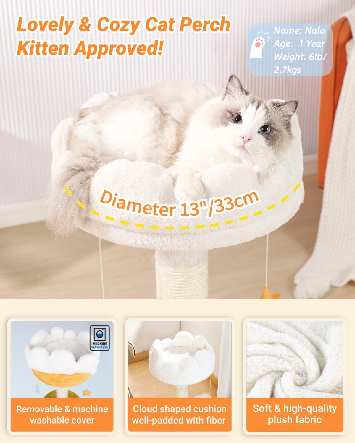Happi N Pets Cloud Cat Tree, Cat Scratching Post with Bed, Small Cat Tree, Featuring with Cloud Soft Perch & Cute Toys, Removeable Cover, Bonus Catnip