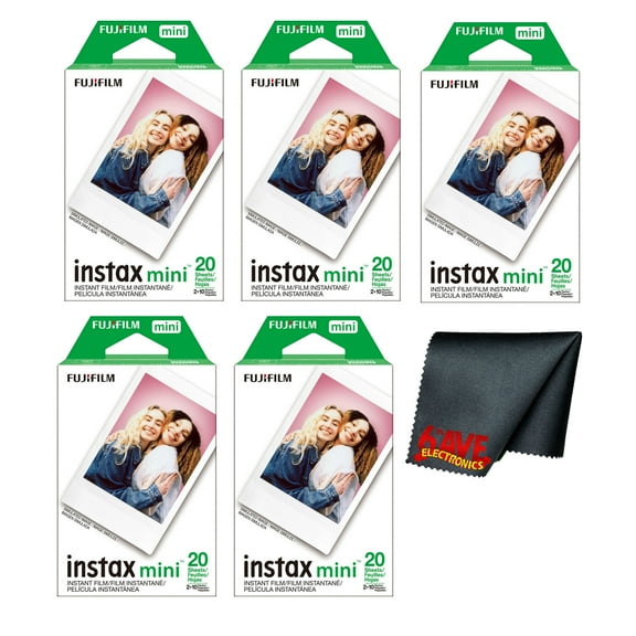 Fujifilm Instax Mini Instant Camera Film (100 Photo Exposure) Bundle with 6AVE Microfiber Cleaning Cloth