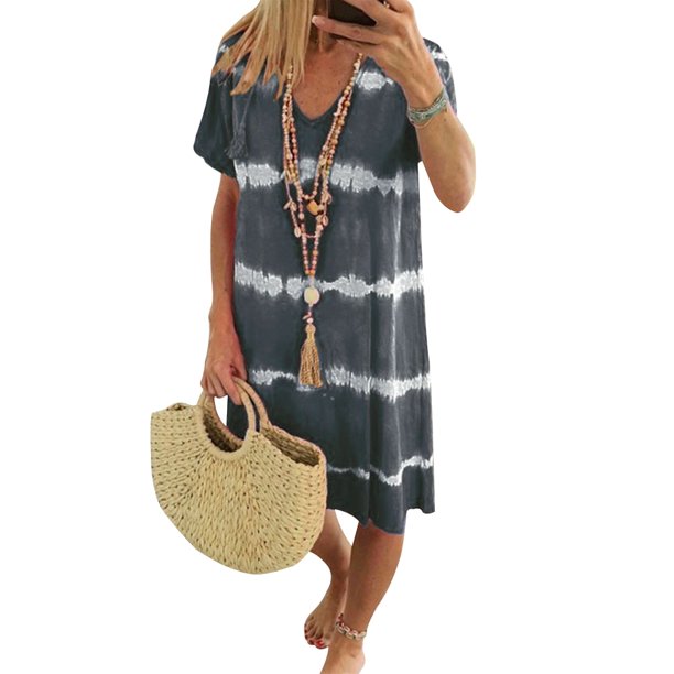 Moda mujer Tie Dye estampado cuello en V vestido verano vestidos sueltos (gris XL) Tmvgtek Para estrenar