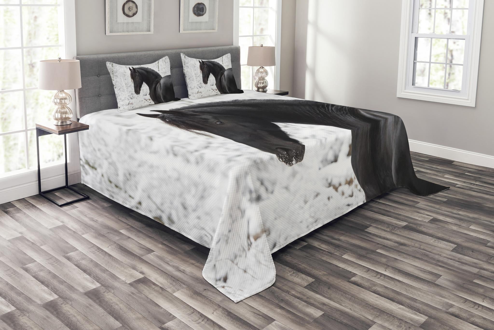 Equestrian Bedspread Set King Size, Black Friesian Sport Horse Portrait