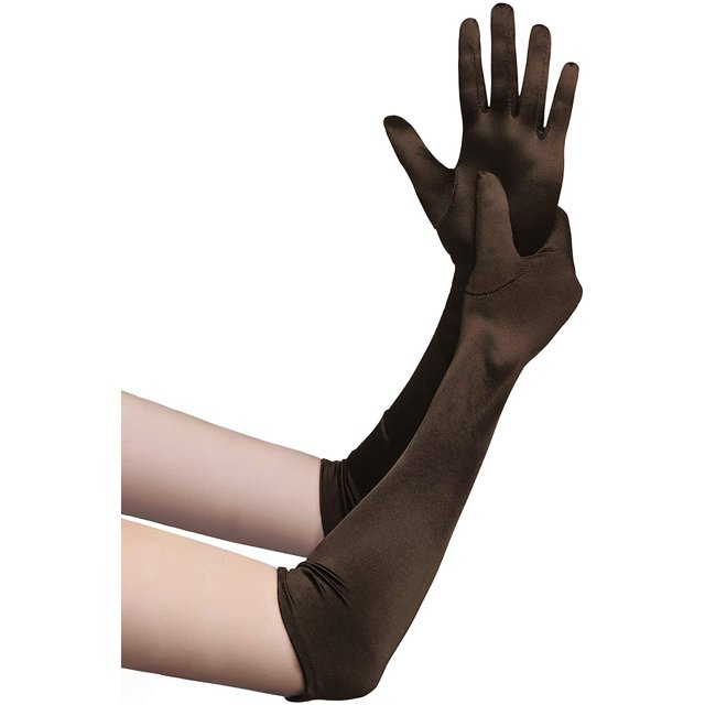 Long Opera Party 20s Satin Gloves Stretchy Adult Size Elbow Length,Brown