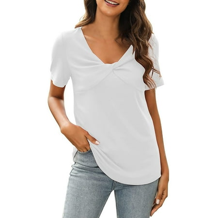 

JDEFEG T Shirts for Womens Womens Tee Shirts Short Sleeve Womens Summer Top Solid Short Sleeve Front Twist Tee Long Scrub Jacket Polyester Spandex Cotton White M