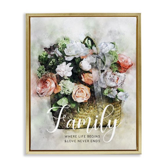 Stupell Industries French Country Family Where Life Begins Phrase Gold Floating Frame Canvas Art, 17 x 21, by Ziwei Li