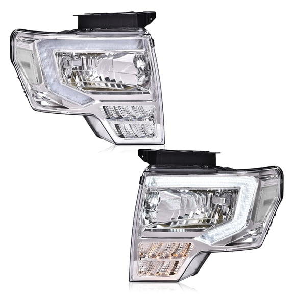 Headlights Assemblies LED Tube Fit for Ford F150 2009-2014 Headlamps Driver Side & Passenger Side Clear Lens Chrome Housing Clear Reflector