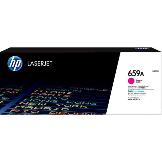 cartucho de tóner hp 659a magenta caja frontal con logotipo HP LaserJet y etiqueta 659A en círculo magenta; vista centrada y frontal del empaque rectangular que muestra texto de compatibilidad con impresoras color HP LaserJet Enterprise M856 y multifunción M776, gráfico de matriz de colores sobre fondo negro.
