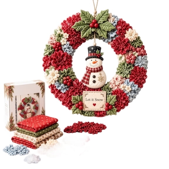 Christmas Punch Needle Wreath Diy Kit with Fabric, Yarn, and Snowman Ornament, Complete Set, Red, Green, and White, for Beginners and Adults, Wall Hanging Decoration