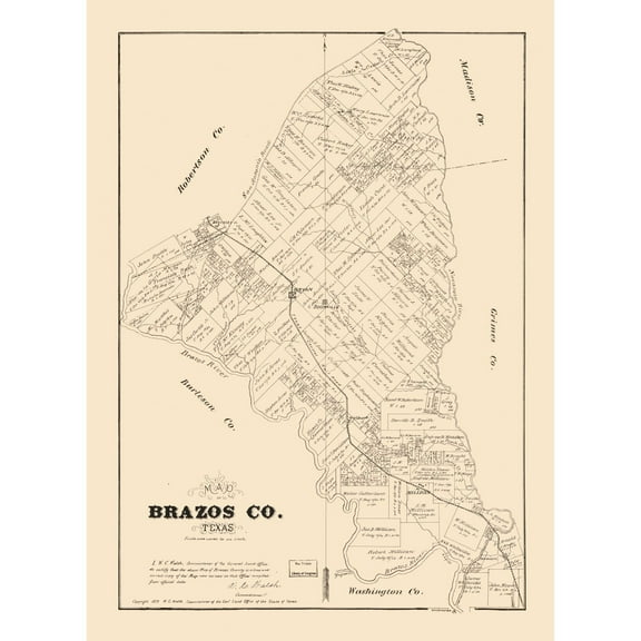 Historic County Map - Brazos County Texas - Walsh 1879 - 23 x 31.54 - Vintage Wall Art