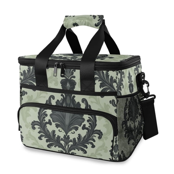 Dark Green Flower Pattern Portable Cooler Lunch Box Reusable Insulated Lunch Bag Leakproof 15L