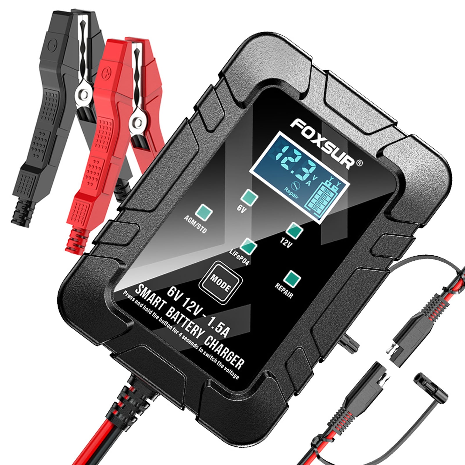 FOXSUR 1.5A Fully Automatic Car Battery Charger 6V and 12V Smart Automotive Maintainer with LCD Display for Motorcycle Lawn Mower AGM GEL and Lead-Acid Batteries Black US Plug