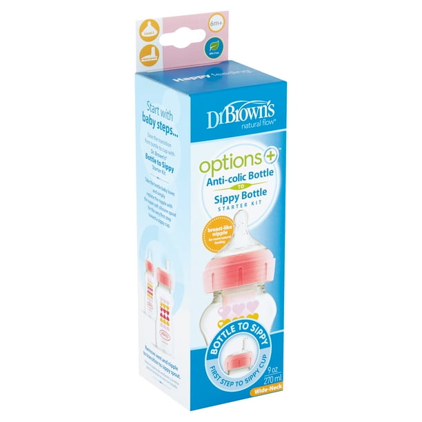 Dr Brown's Natural Flow Options+ 9 oz WideNeck Sippy Bottle Starter Kit, Level 3, 6m+ Walmart