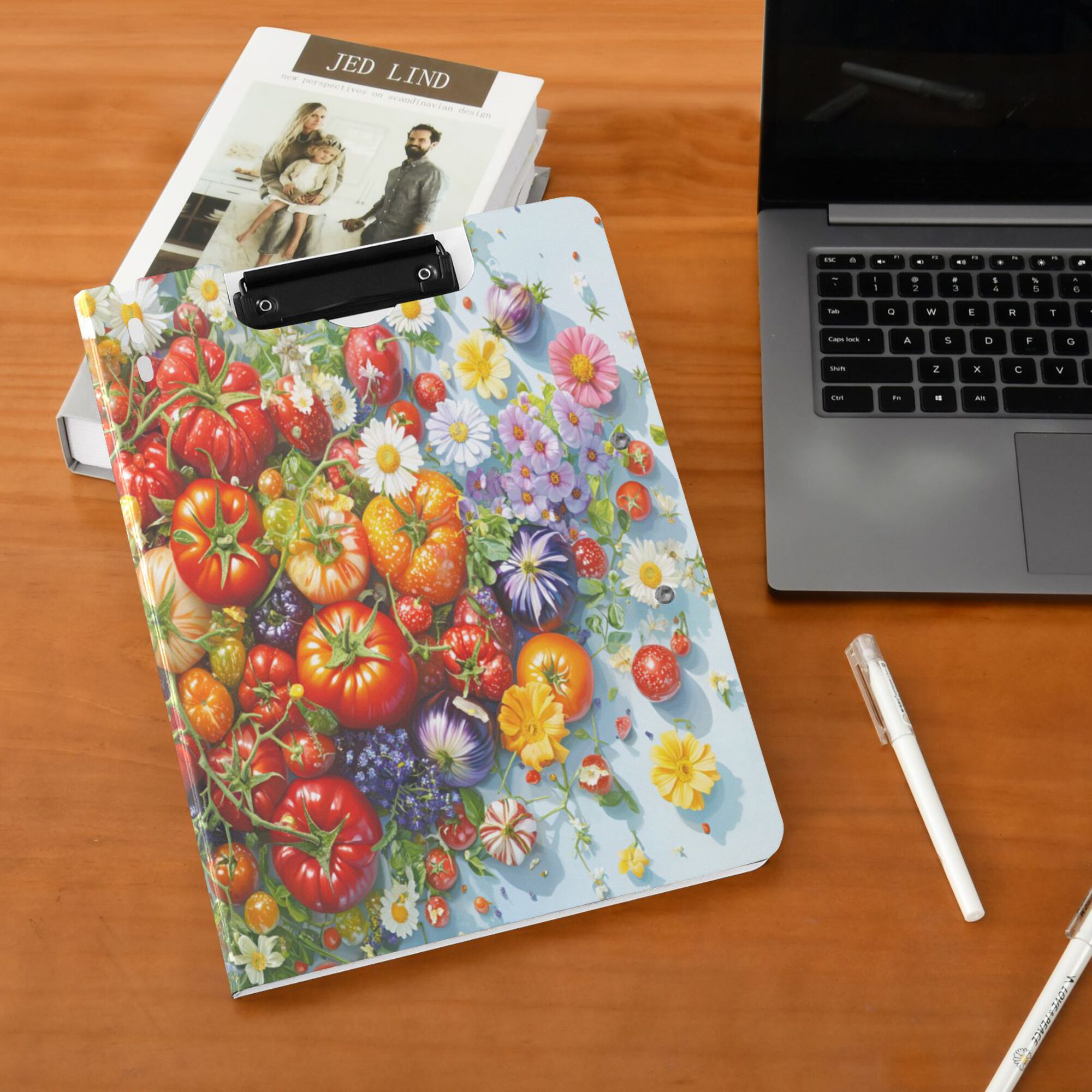 FORMRS A4 Clipboard Folder with Pen Holder Horizontal Foldable School Office Binder, Purple Floral Tomatoes