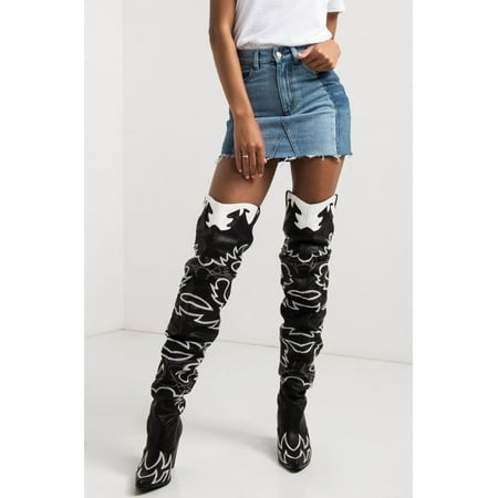Cape Robbin Kelsey-21 BLACK WHITE ROCK STAR WESTERN POINTED OVER KNEE THIGH (Best Over The Knee Boots)