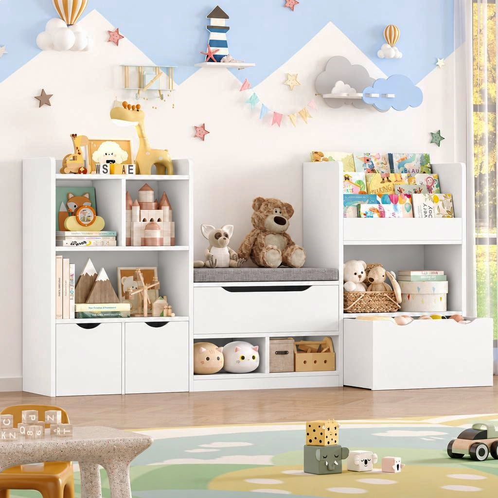 Hiphuta 72"Wide Kids Bookcase with Reading Nook and Under Bench Storage, Wooden Toy Storage Organizer & Book Rack for Kids Room, White