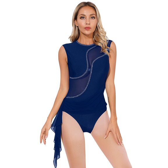 YEAHDOR Womens Lyrical Modern Dance Leotard Shiny Rhinestones Backless Rhythmic Gymnastics Leotard Navy Blue S