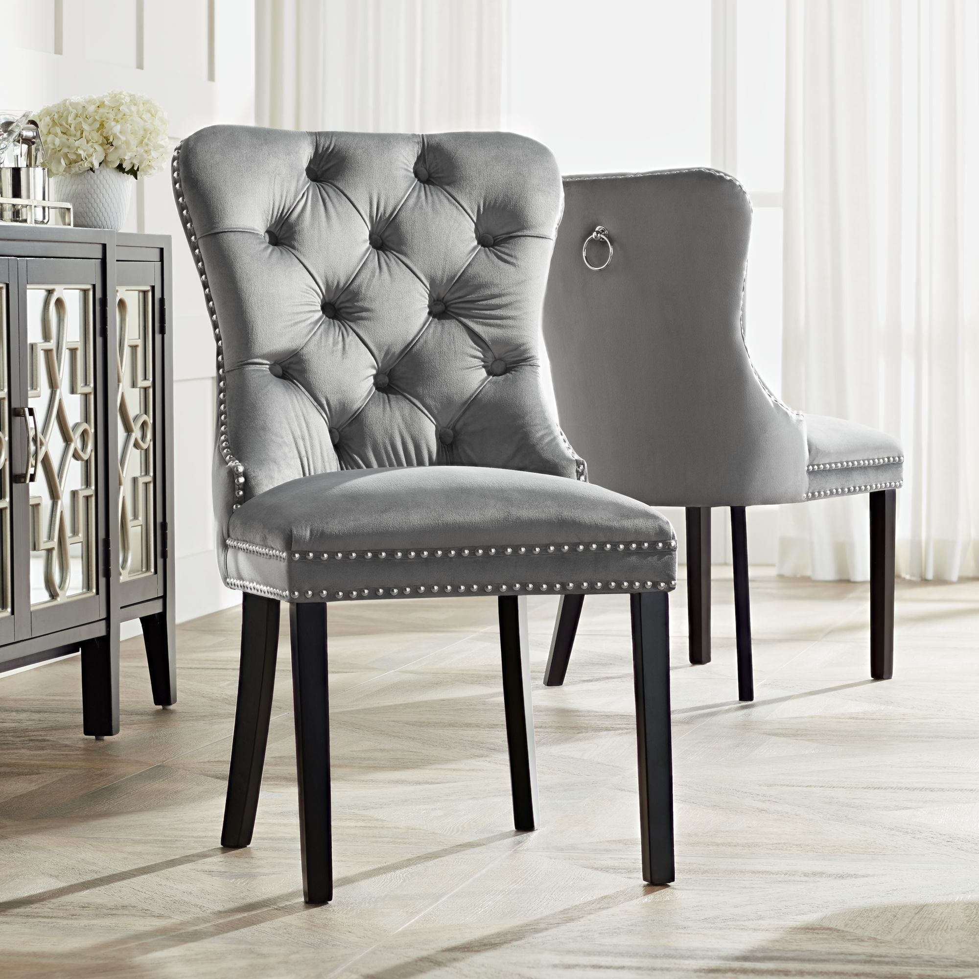 Luci Dining Chair Dark Or Light Grey Velvet Buttoned Back Dining Detail Accent 