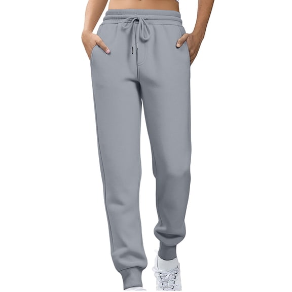 Womens Fleece Lined Sweatpants Drawstring Elastic Waistband Winter Warm Joggers Pants with Pocket Light Gray L