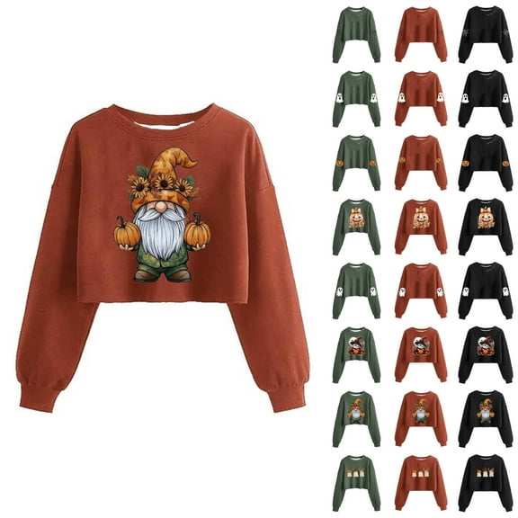 Cropped Halloween Sweatshirts for Women 2025 Long Sleeve Crewneck Spooky Cute Graphic Sweatshirt Pullover Tops