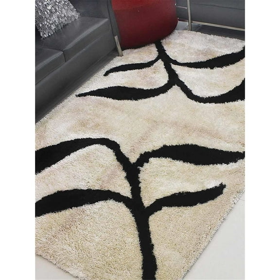 Rugsotic Carpets Hand Tufted Shag Polyester Eco-Friendly Area Rugs - 4'x6', Rectangle, Beige Black, Plain Solid Design, High Pile Handmade Anti Skid Rugs for Living Room, Bed Room K00038