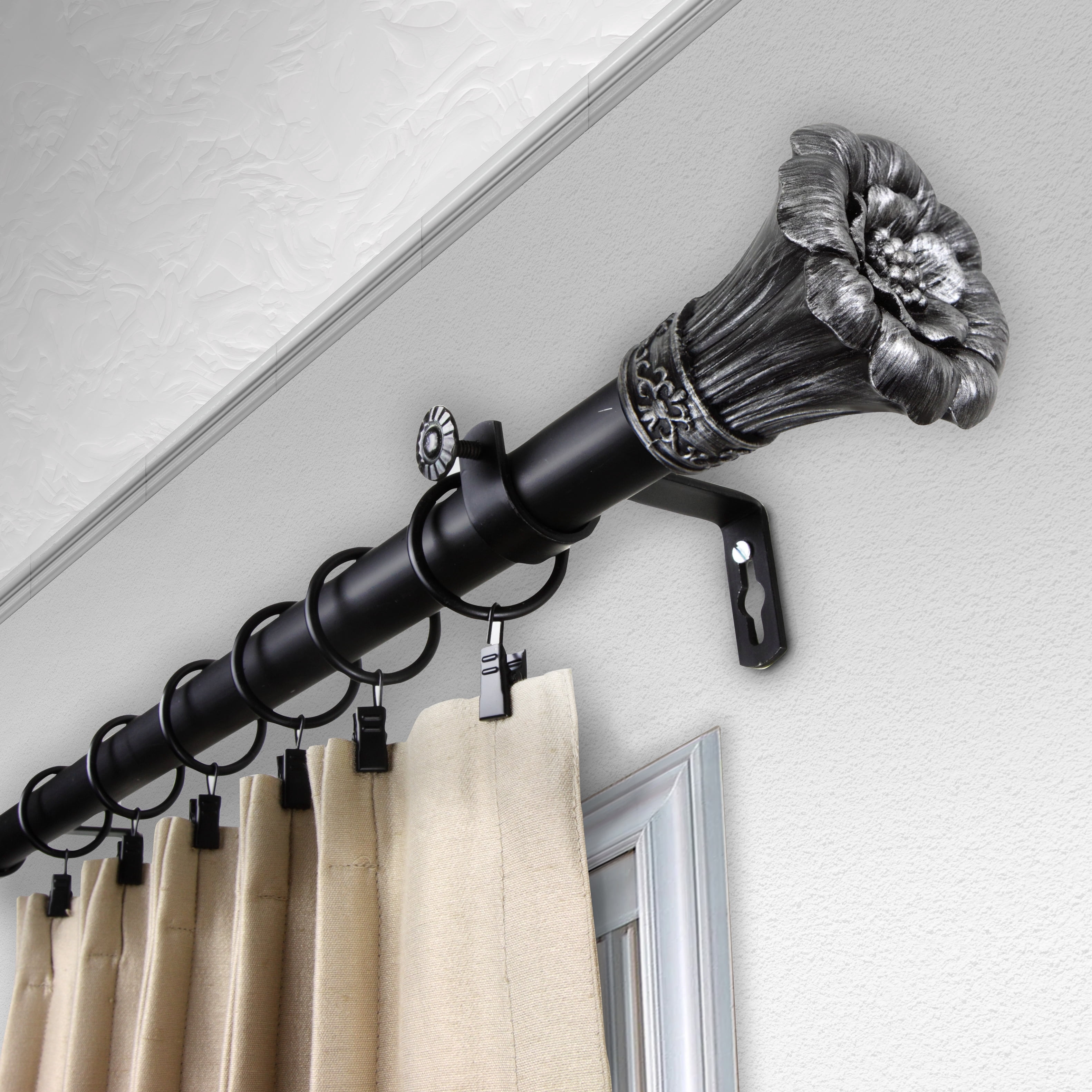 1" Dia Rosetta Curtain Rod 48-84 inch, Black