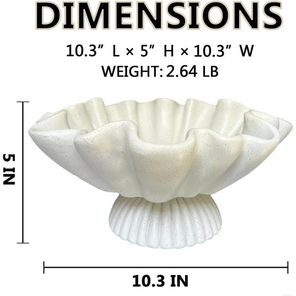 Large Pedestal Decorative Bowl - 10.3" Off-White Artificial Bowls -  Home Decor - Stylish Ruffle  Bowl for Coffee Table - Scalloped Shell Bowl