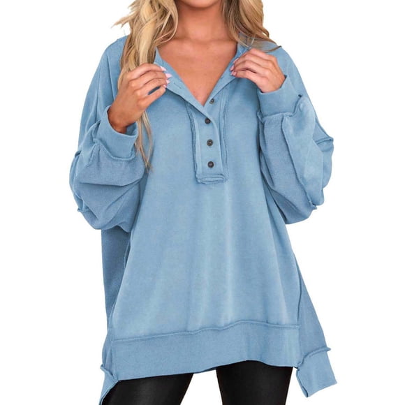DondPO Essentials Hoodie Hoodies for Women Womens Women's Oversized Sweatshirt Casual Button Henley Neck Pullover Tunic Tops Outfits Sweater Long Sleeve Shirts Sweatshirt for Women Light blue M