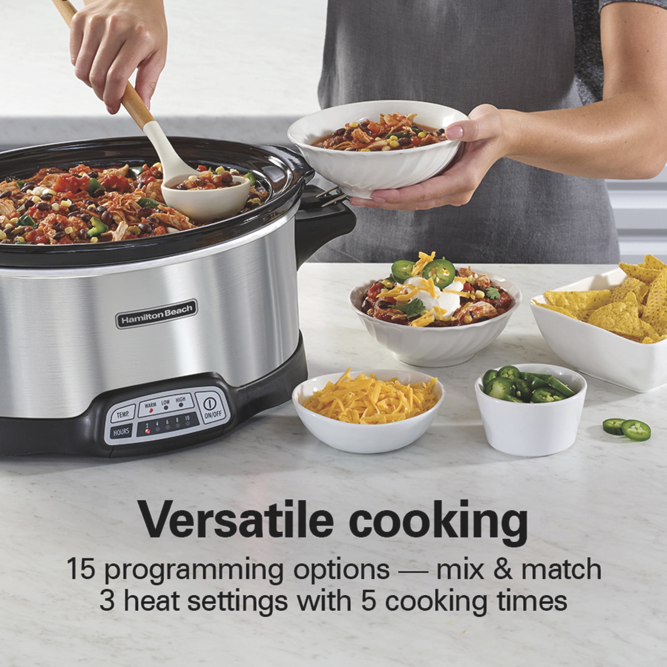 Hamilton Beach 7 Qt Programmable Slow Cooker, Stoneware Crock with Removable Pot, Includes Party Dipper Food Warmer, Stainless Steel