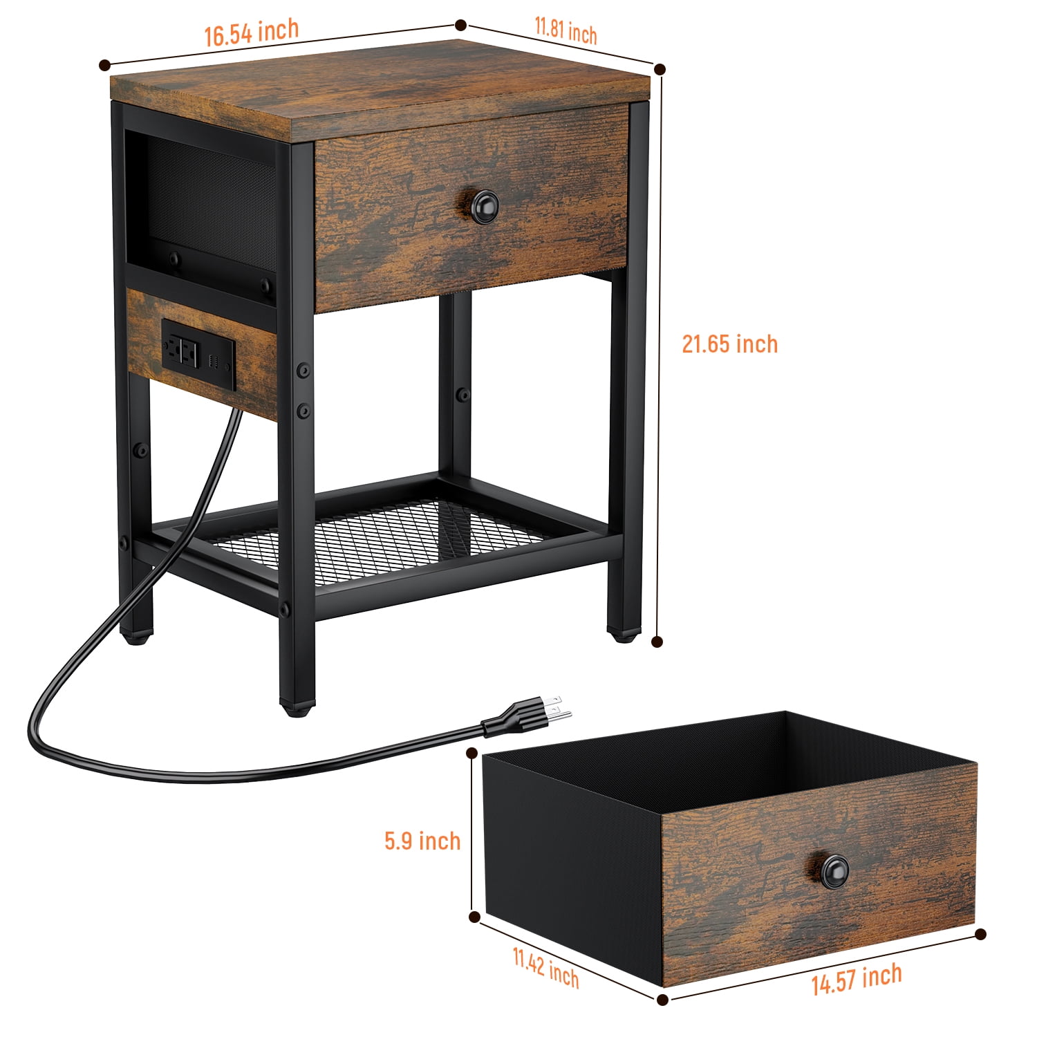 Behost Rustic Brown Nightstand with Charging Station, Side Table with Fabric Drawer, 3 Tiers End Table for Living Room, Bedroom