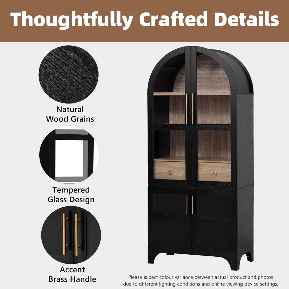 LUMAMIN Arched Bookcase, 71" Farmhouse Bookshelf Display Cabinet with Door Shelves, Adjustable Shelves, Hidden Drawer & Glass Door, Black