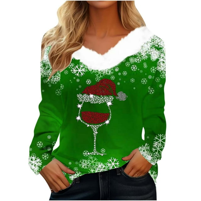 Birdeem T-Shirt de Noël en Peluche Imprimé pour Femmes Col en V Patchwork Manches Longues Ajusté