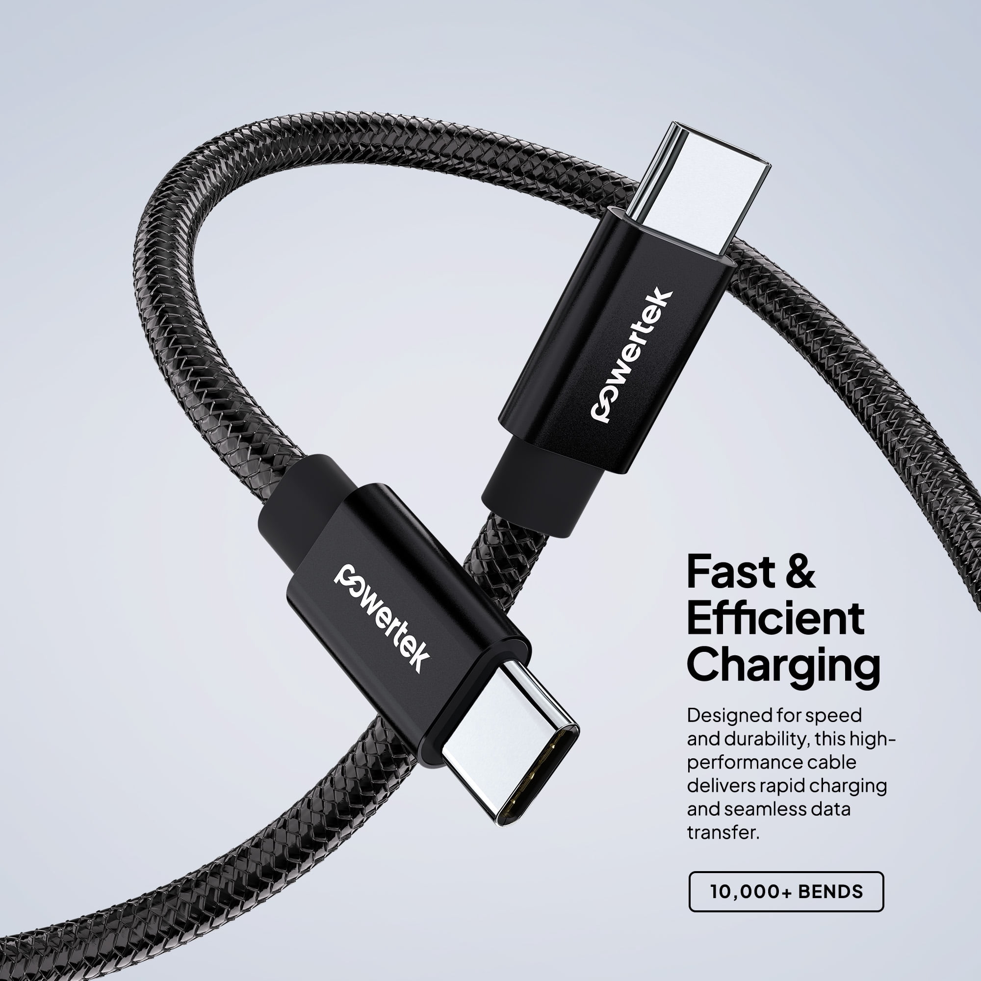 Powertek Luxe 6ft USB-C to USB-C Cable, Black, Fast Charge & Sync, Metallic Mesh PVC Jacket, Durable Tangle-Free Design