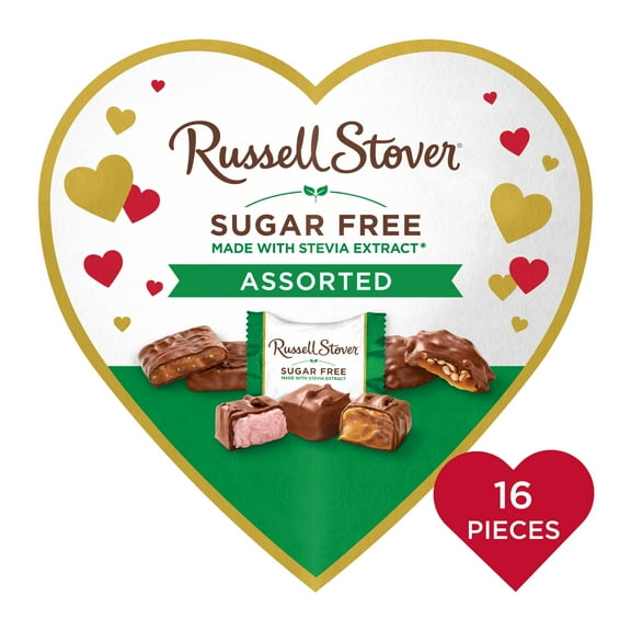 RUSSELL STOVER Valentine's Day Sugar Free Heart Assorted Chocolate Candy Gift Box, 8.3 oz. (≈ 16 pieces)