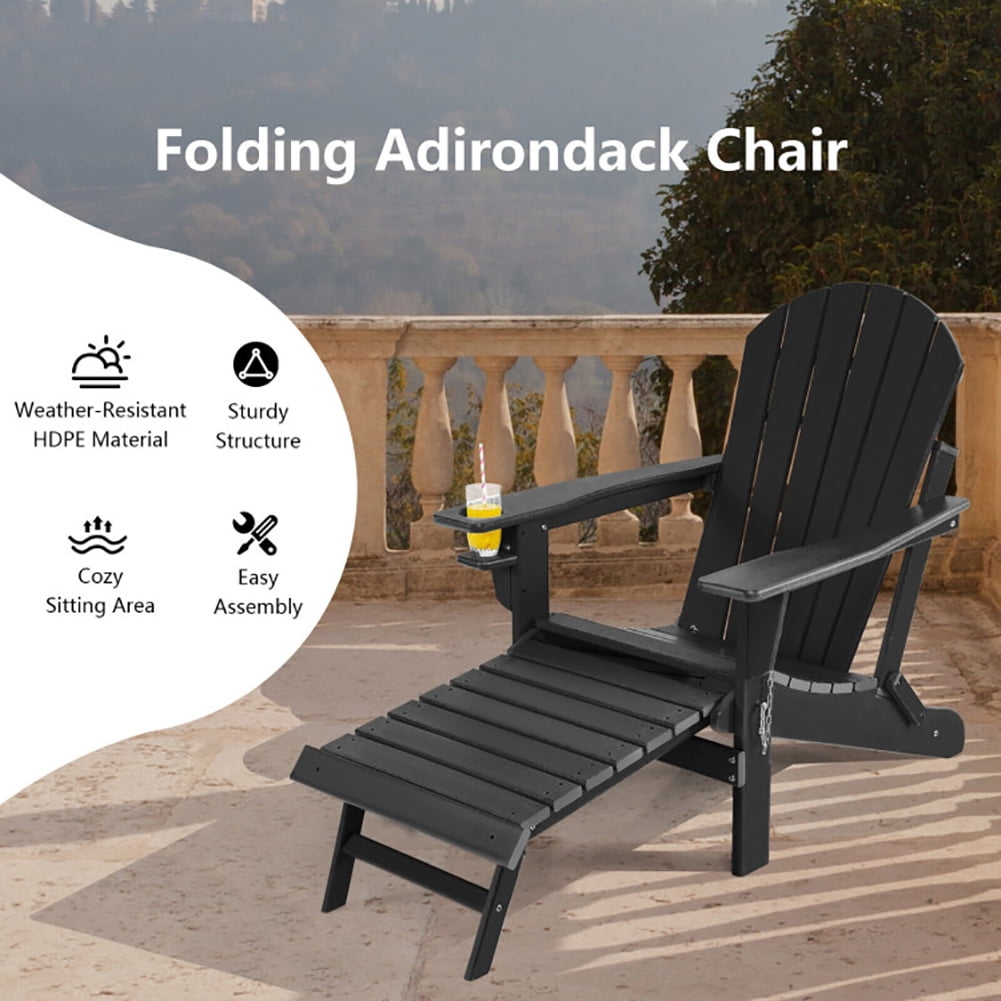 Aimee Lii Patio All-Weather Folding Chair with Pull-Out Ottoman, Outdoor Patio Furniture, Black