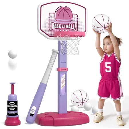 2 in 1 Toddler Basketball Hoop and T Ball Set with Automatic Pitching Machine - Adjustable Height, Kids Basketball Hoop Suit for Indoor/Outdoor, Sport Toys Gifts for Boys Age 3-5, Black