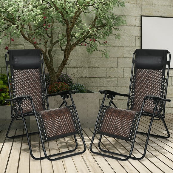 Folding Recliner Patio Rattan Zero Gravity Lounge Chair With Headrest Brown