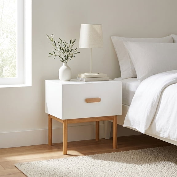 Modern White Nightstand with Drawer and Solid Wood Legs - Minimalist Bedside Table for Bedroom