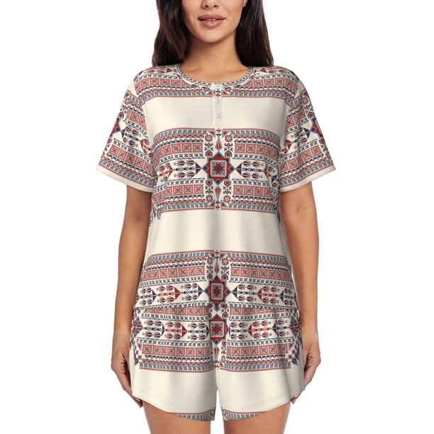 Fotbe Fashion Tatreez1 Conjunto de Pijama Estampado para Mujer, 2 Piezas, Ropa de Dormir con Camiseta de Manga Corta y Shorts Suaves-Large