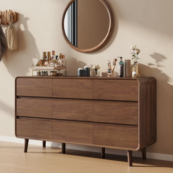 Roofar 9-drawer Dresser for Bedroom, 55" Wide Mid Century Modern Wood Chest of Dresser,Large Capacity for Living Room, Hallway, Walnut