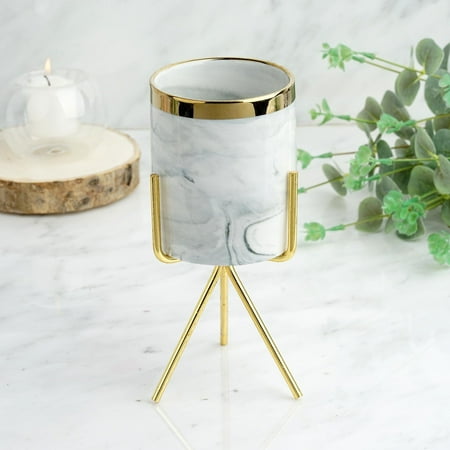 Efavormart 8" Marble Swirl Ceramic Flower Pot Succulent Planter with Metal Gold Stand