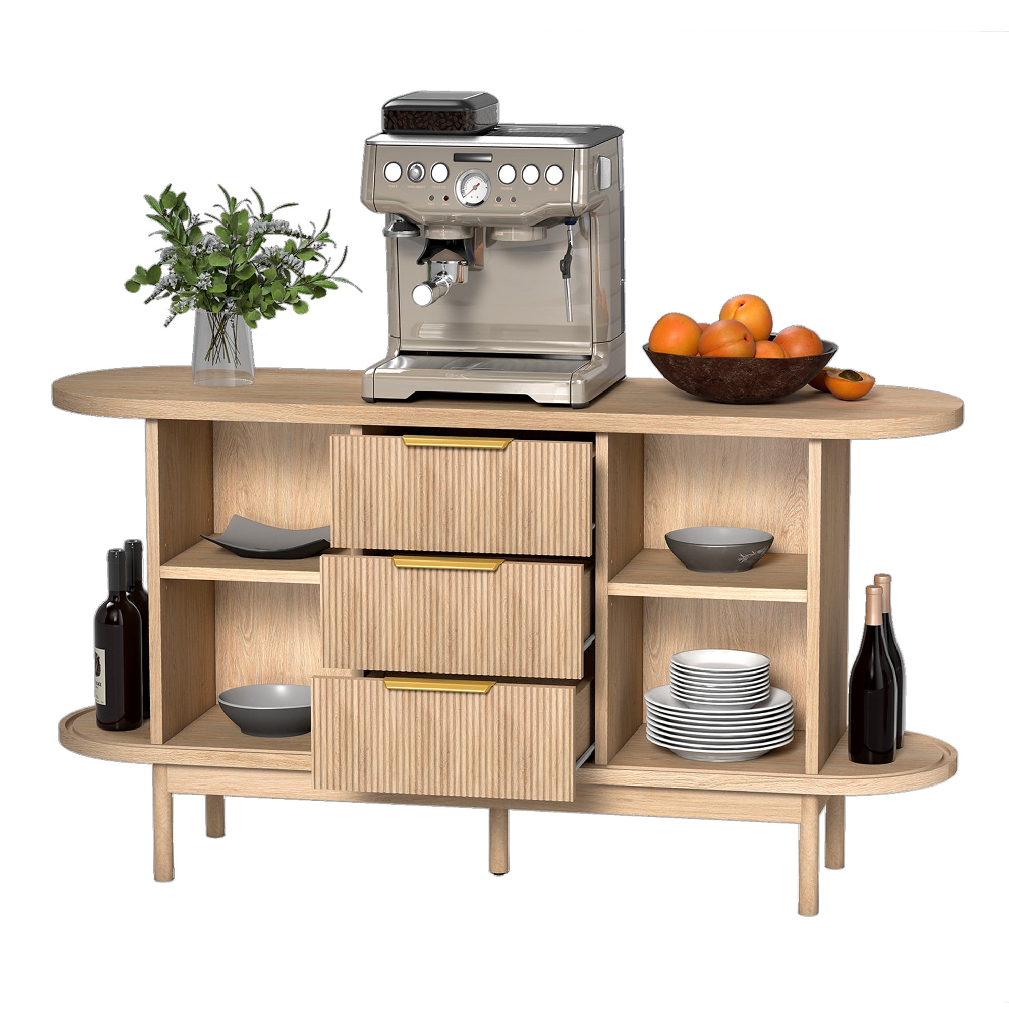 Uforic Fluted Sideboard with Drawers, Modern Buffet Cabinet with Storage & Adjustable Shelves, Oak