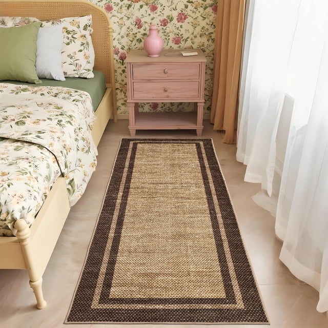 Garvee 2'x6' Modern Bordered Runner Rug Solid Rugs, Washable Rugs Neutral Minimalist Carpet with Non Slip Backing Soft Thin Low Pile Rugs for Hallway Bedroom Home Decor, Brown