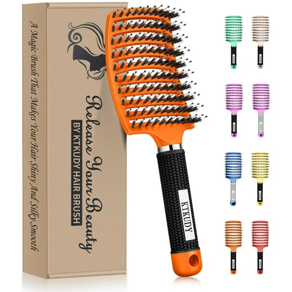 KTKUDY Detangling Brush Boar Bristles Hair Brush Make Hair Shiny & Healthier Curved and Vented Detangler Brush for Women Men Kids Wet and Dry Hair (Orange)