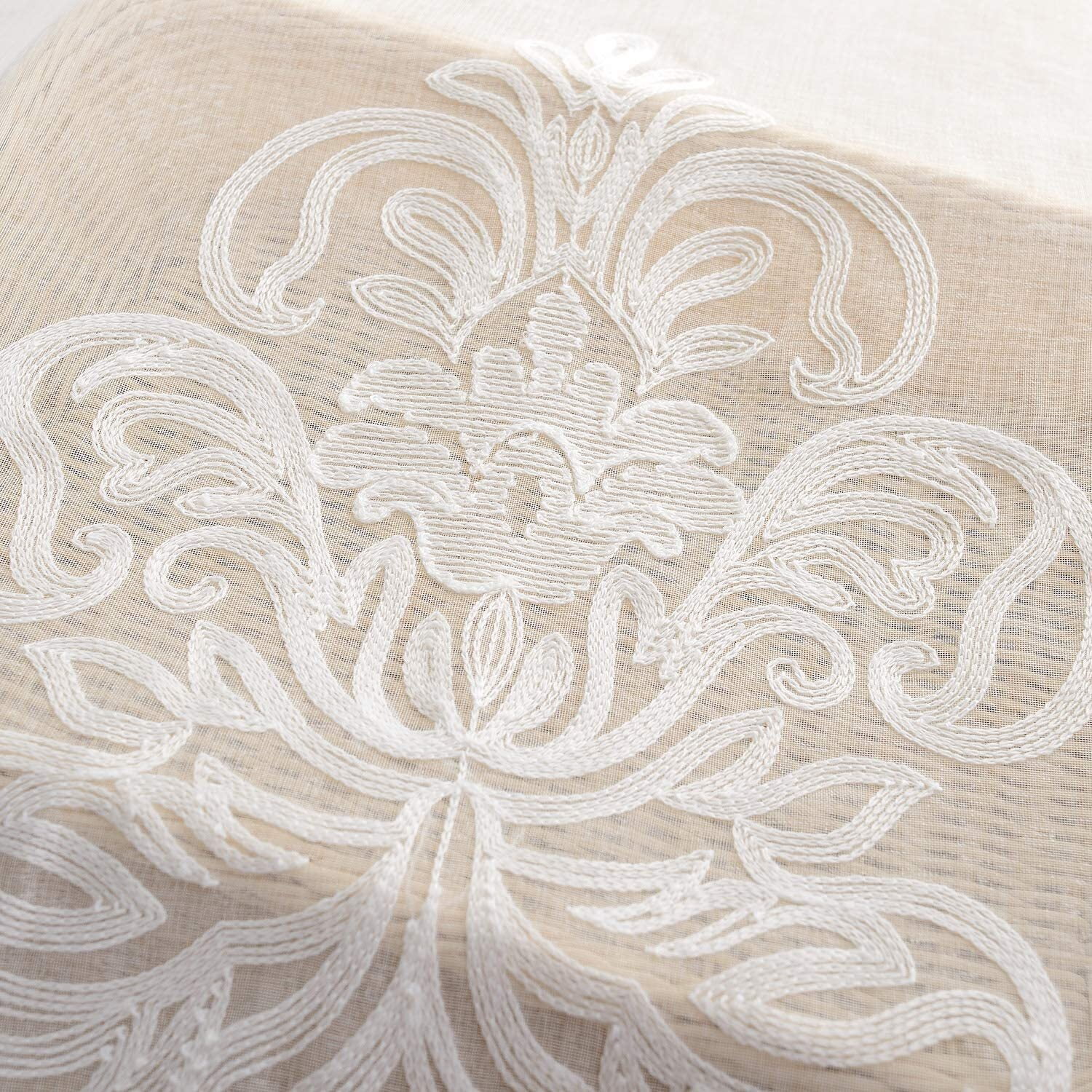 VOGOL European Floral Embroidered White Semi Sheer Rod Pocket Curtains for Bedroom, Kitchen, Small Windows, W52xL63, 2 Panels