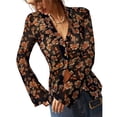 thumbnail image 1 of Camisas Abotonadas para Mujer, Estilo Boho, con Cuello en V, Larga, Fruncidas, de , Ajustadas, con Estampado Floral Negro S, 1 of 9